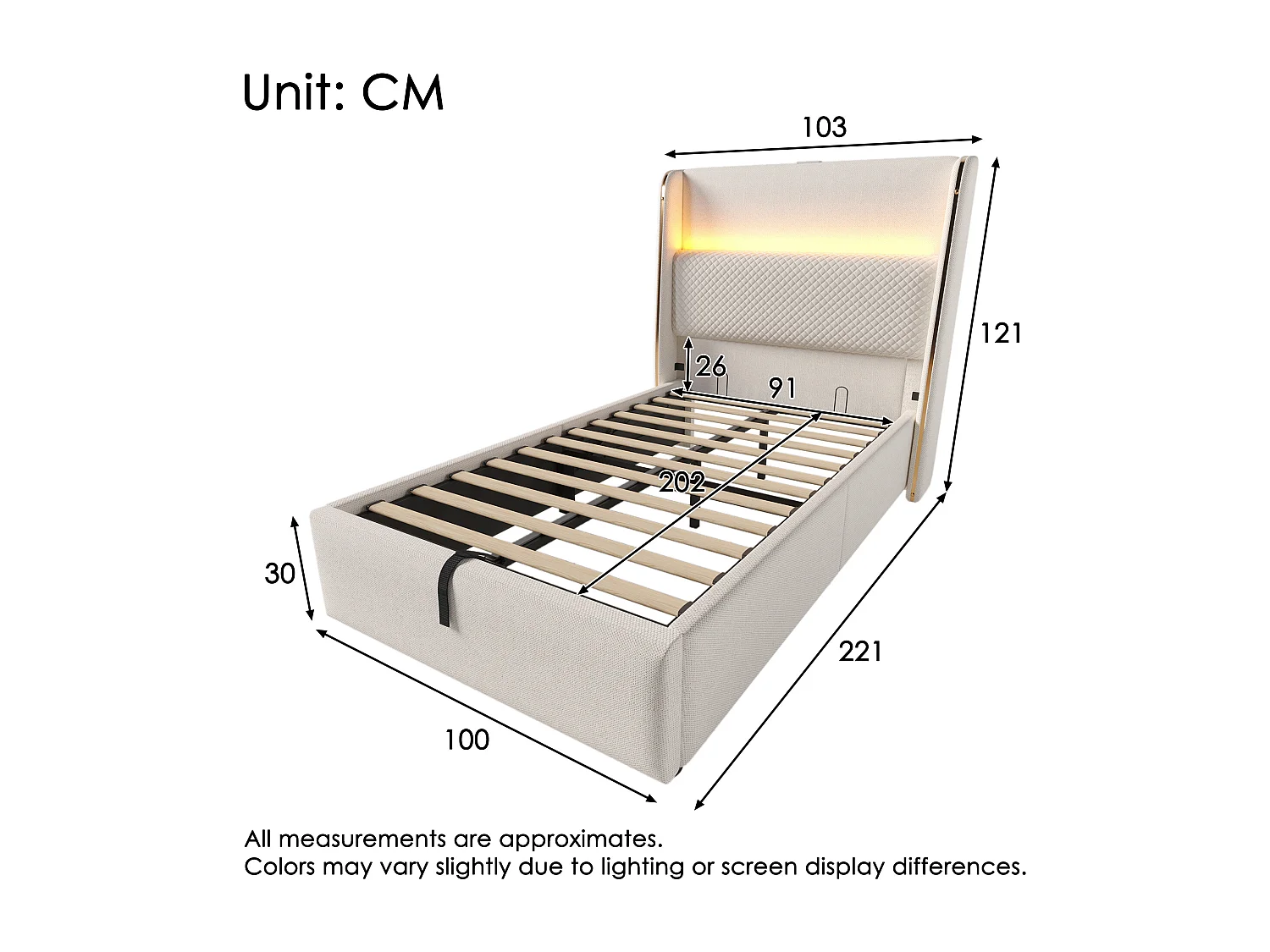 Stauraumbett 90x200 cm Kinderbett mit LED und USB-Anschluss, gepolstertes Kopfteil - beige Leinen (mit Matratze)