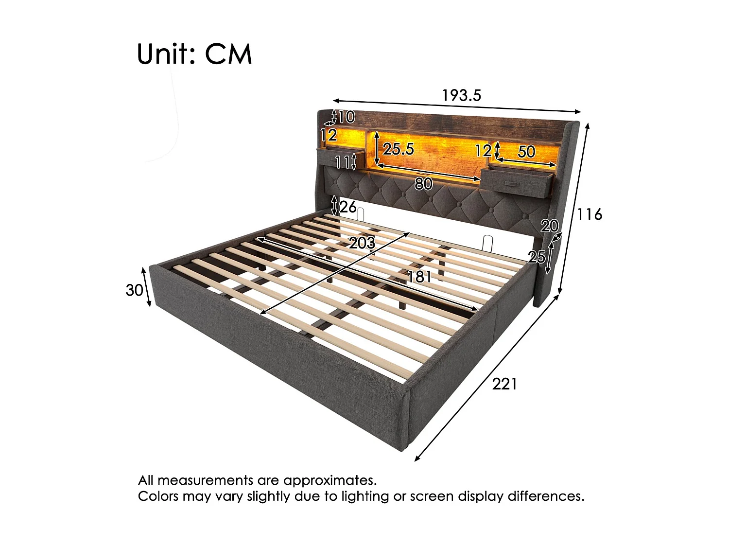Lit coffre 180x200 cm Lit double avec port USB et LED, tête de lit rangement - Lin gris (sans matelas)
