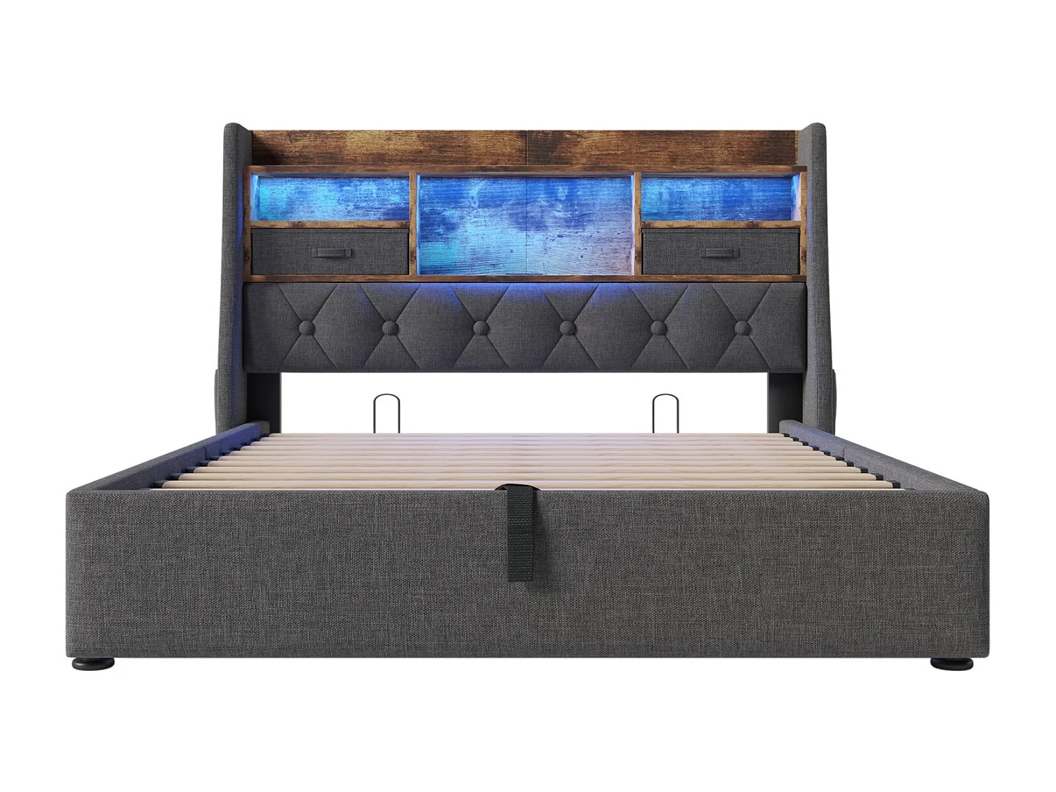 Lit coffre 180x200 cm Lit double avec port USB et LED, tête de lit rangement - Lin gris (sans matelas)
