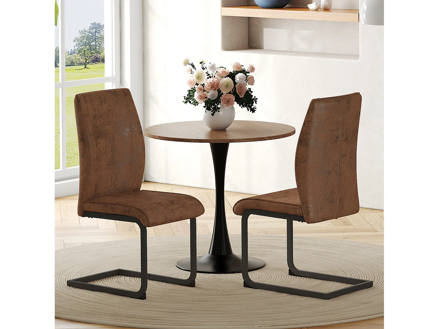 Set van 2 eetkamerstoelen, bruin imitatieleer, gewatteerde rugleuning, zwarte metalen poten