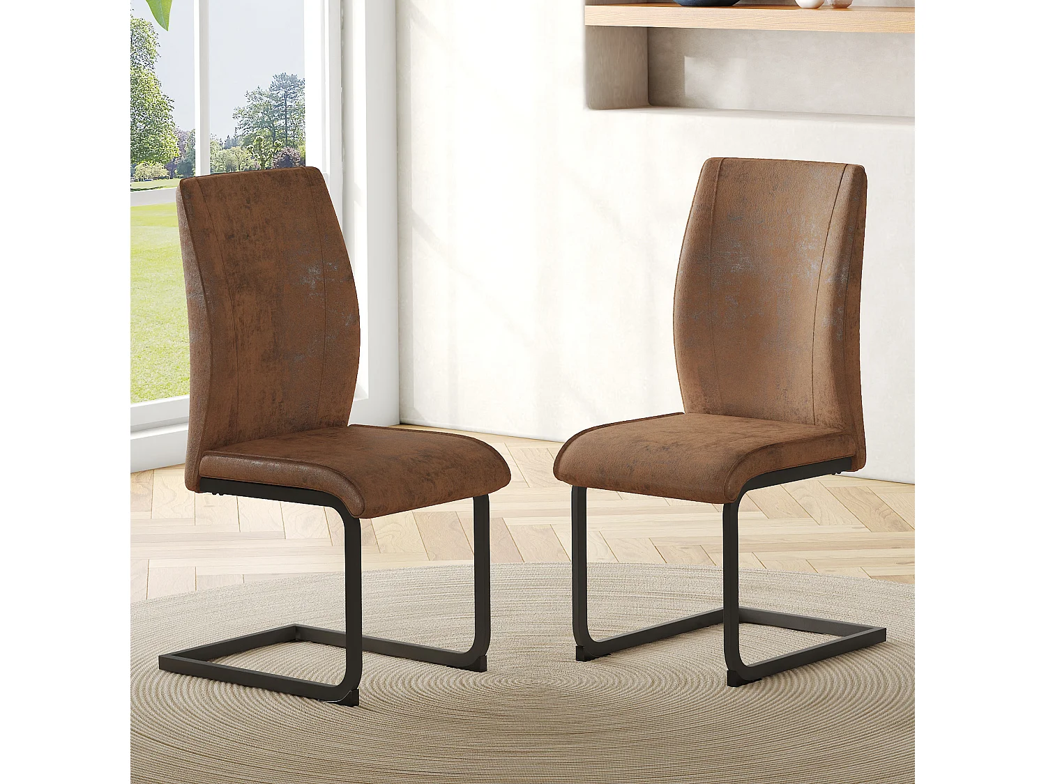 Set van 2 eetkamerstoelen, bruin imitatieleer, gewatteerde rugleuning, zwarte metalen poten