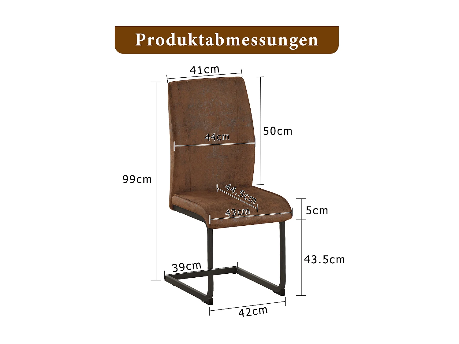 Set van 2 eetkamerstoelen, bruin imitatieleer, gewatteerde rugleuning, zwarte metalen poten