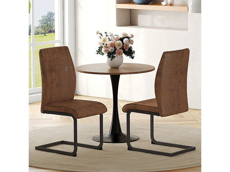 Set van 2 eetkamerstoelen, bruin imitatieleer, gewatteerde rugleuning, zwarte metalen poten