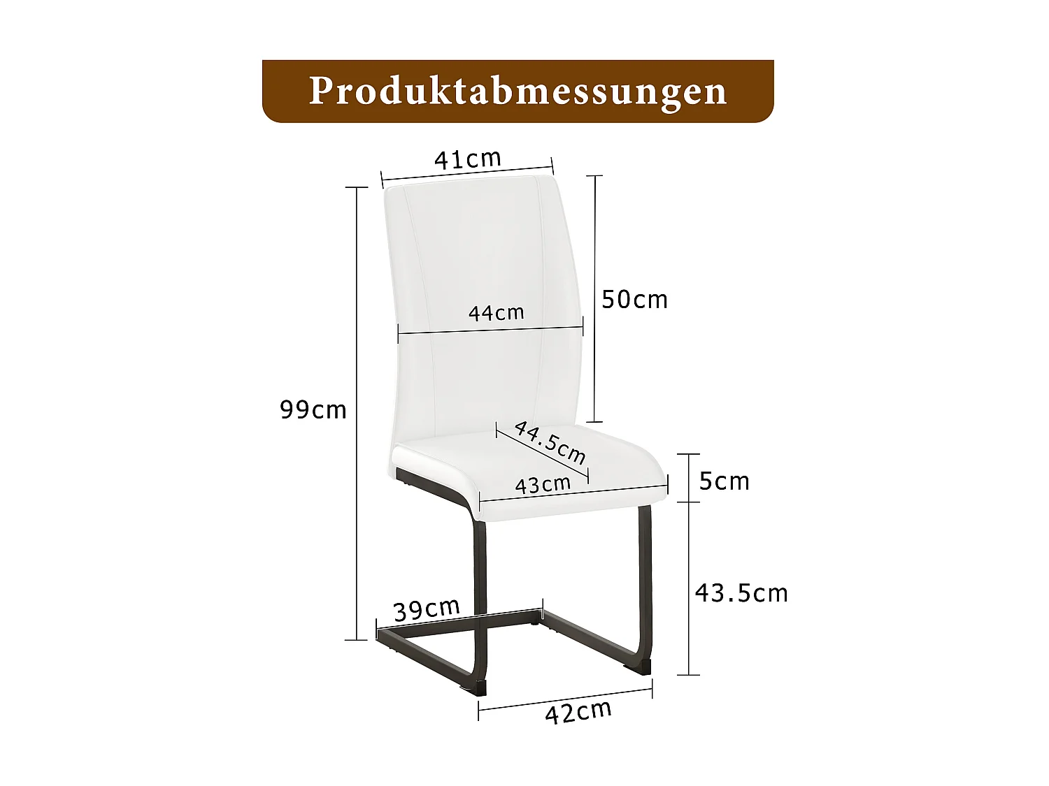 Lot de 2 chaises de salle à manger, simili cuir blanc, dossier rembourré, pieds en métal noir