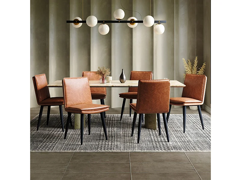 Set di 6 sedie da pranzo, in PU marrone, seduta imbottita a doppio strato - per sala da pranzo e soggiorno