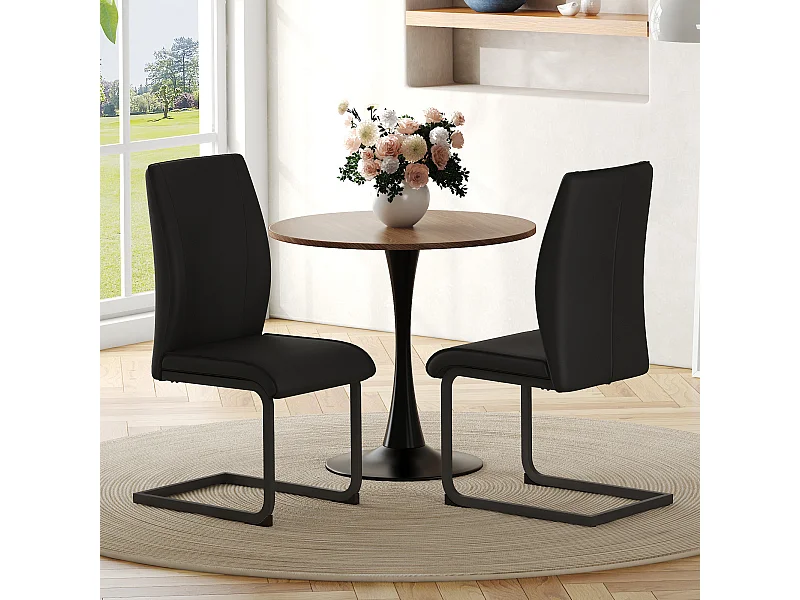 Lot de 2 chaises de salle à manger, simili cuir noir, dossier rembourré, pieds en métal