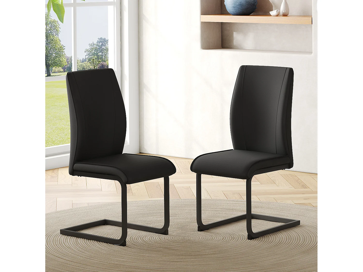 Lot de 2 chaises de salle à manger, simili cuir noir, dossier rembourré, pieds en métal