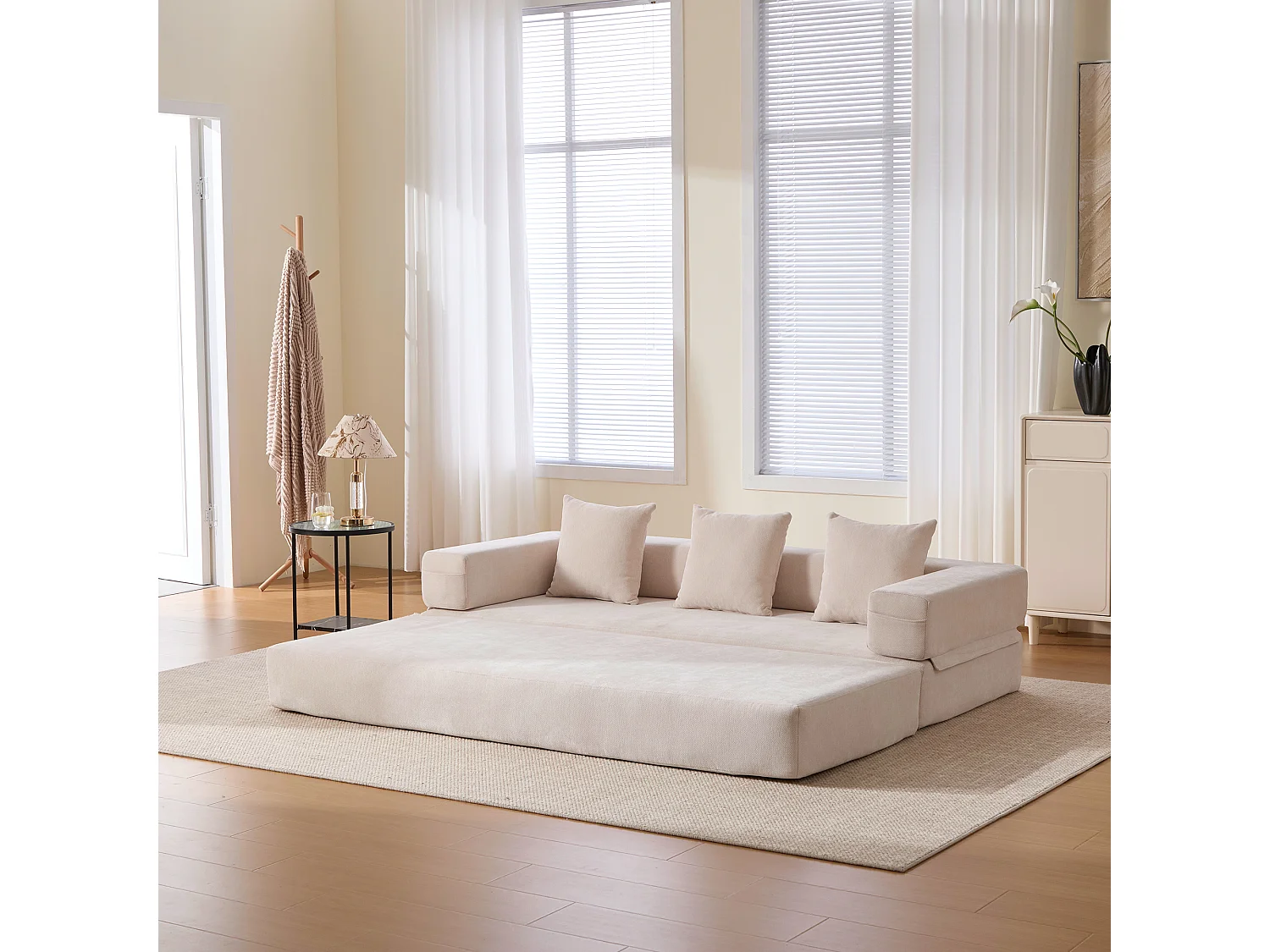 2-zitsbank, Omvormbare bank met zijvakken voor opbergruimte - Beige chenille