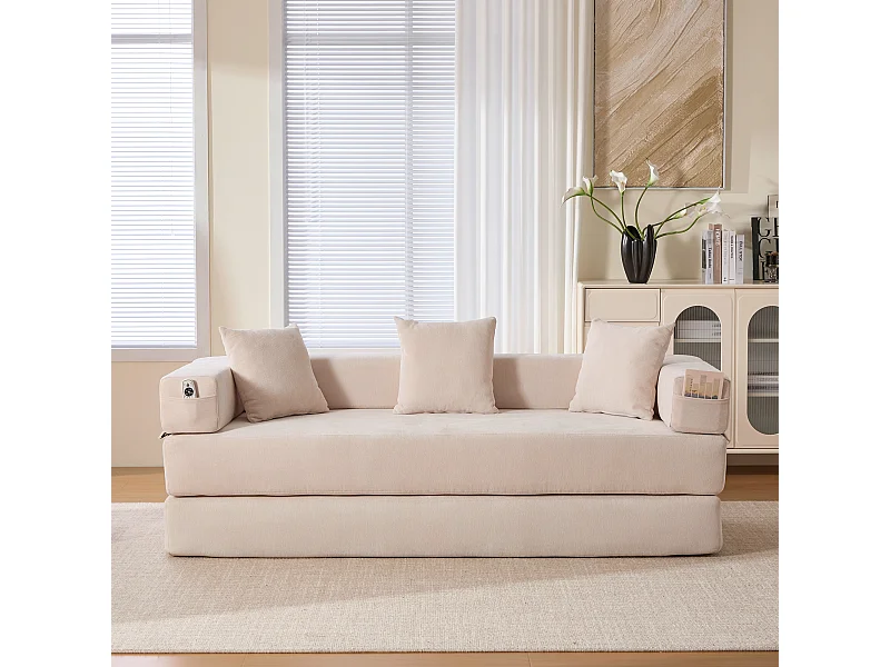 2-zitsbank, Omvormbare bank met zijvakken voor opbergruimte - Beige chenille