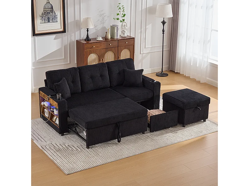 Canapé convertible, canapé 2 places avec LED, ports USB, pouf de rangement et tiroirs - velours côtelé noir