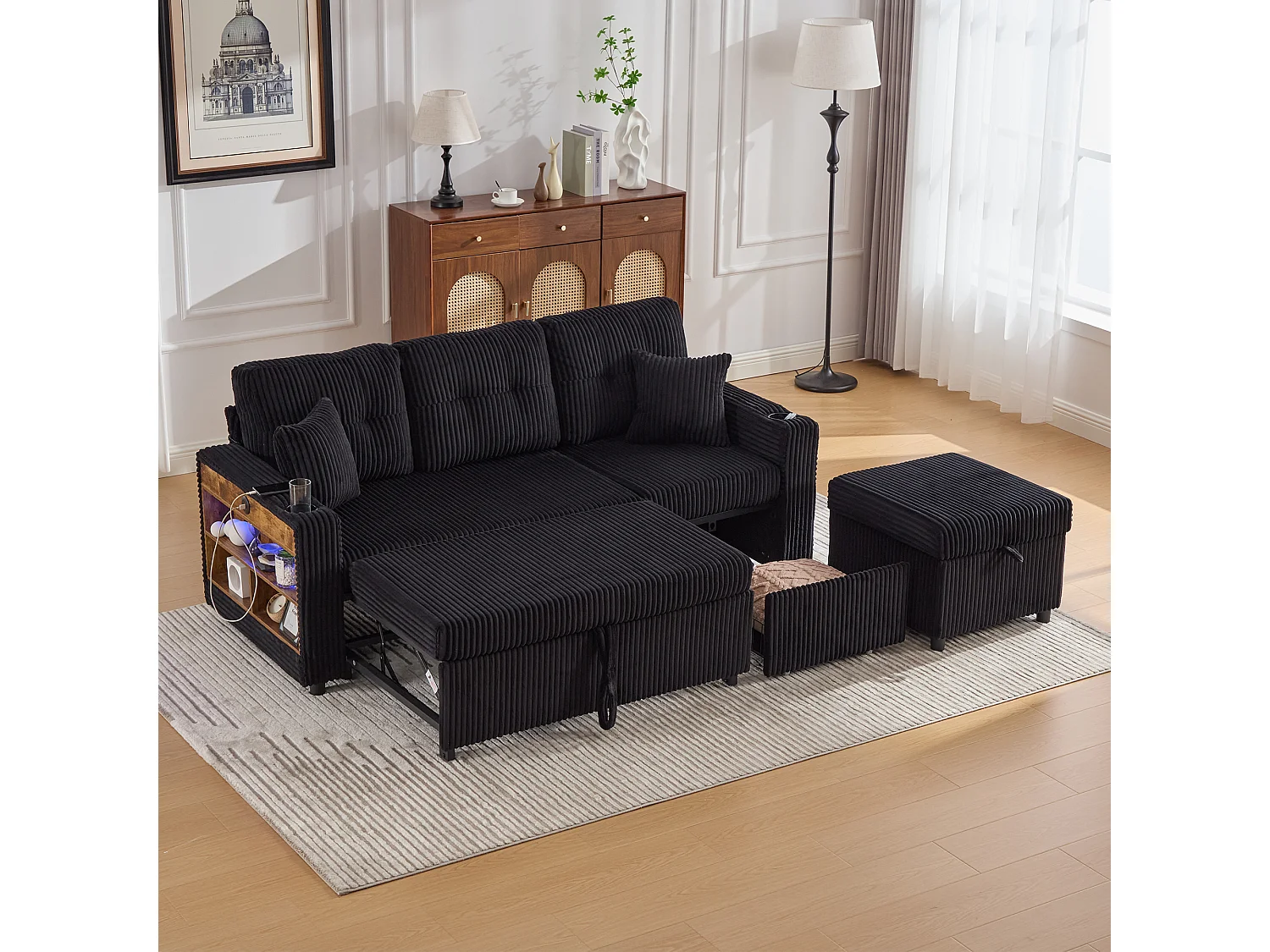 Canapé convertible, canapé 2 places avec LED, ports USB, pouf de rangement et tiroirs - velours côtelé noir