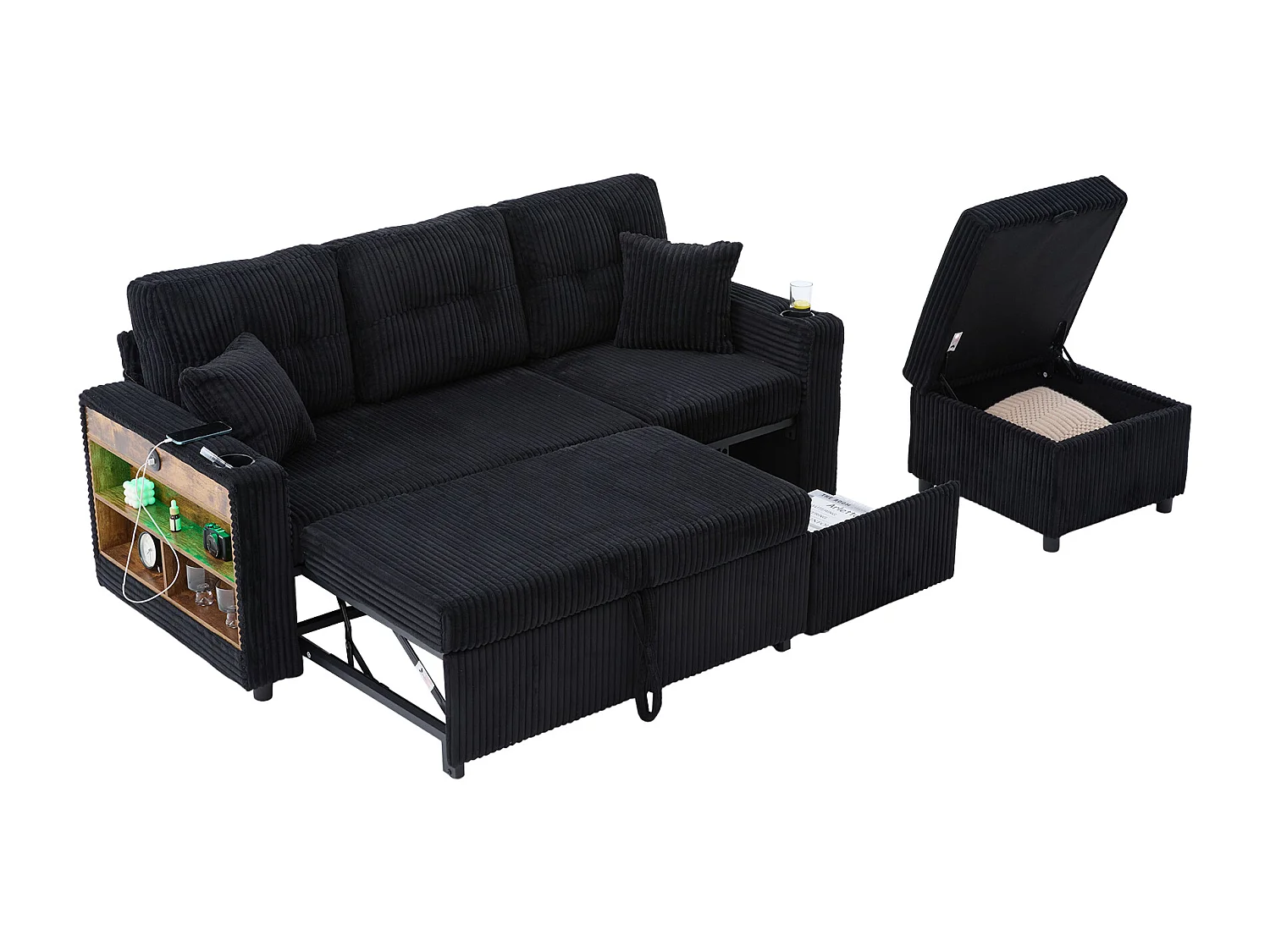 Canapé convertible, canapé 2 places avec LED, ports USB, pouf de rangement et tiroirs - velours côtelé noir