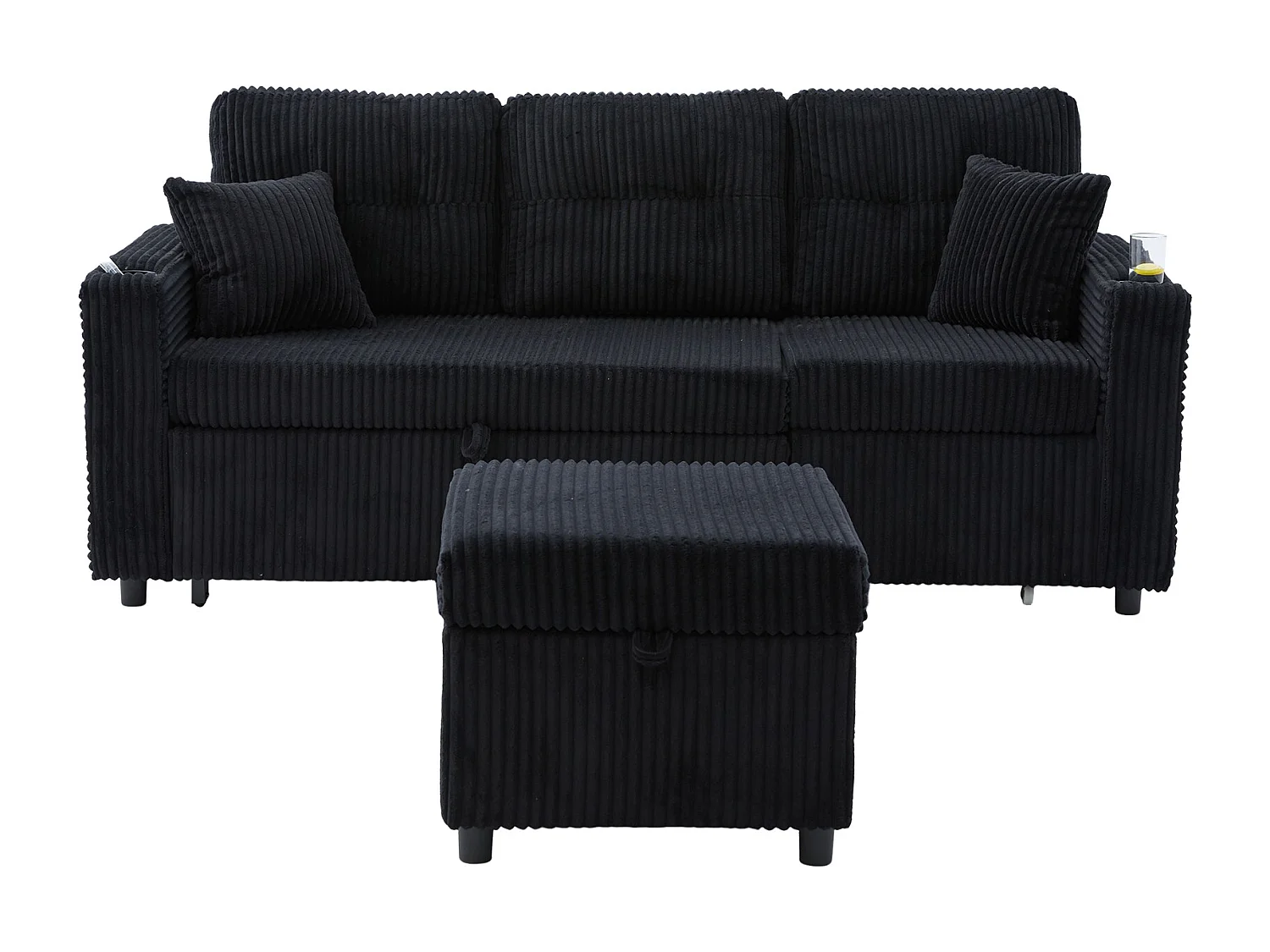 Canapé convertible, canapé 2 places avec LED, ports USB, pouf de rangement et tiroirs - velours côtelé noir