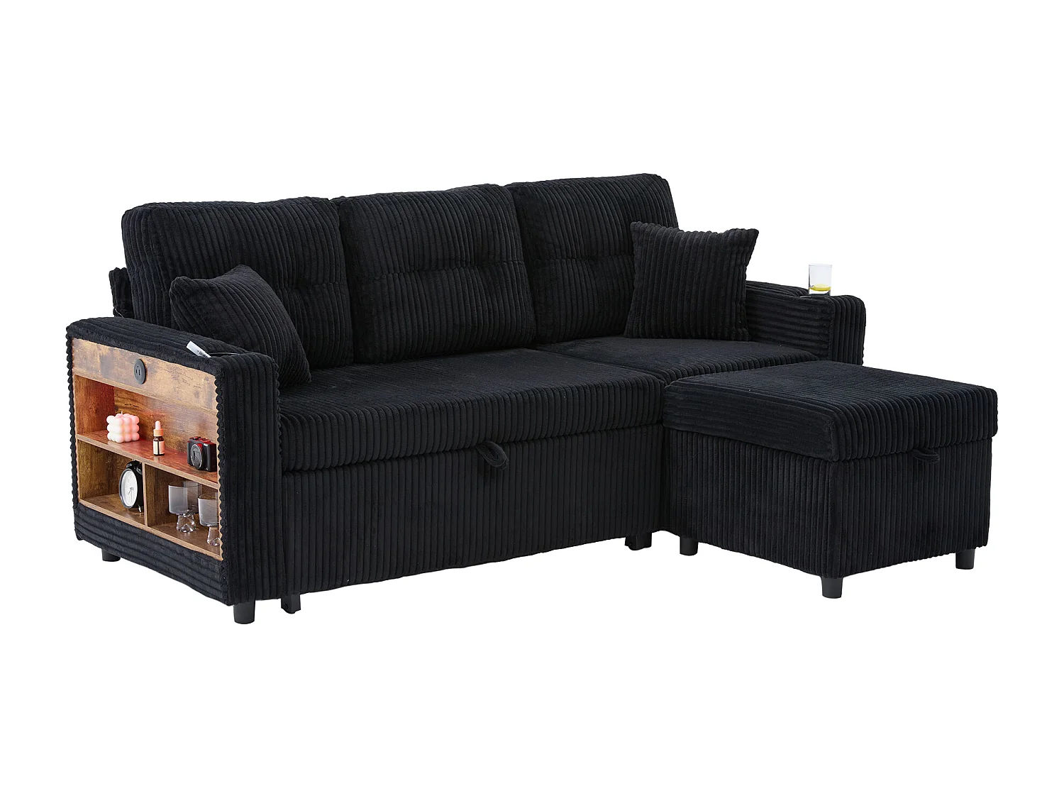 Canapé convertible, canapé 2 places avec LED, ports USB, pouf de rangement et tiroirs - velours côtelé noir