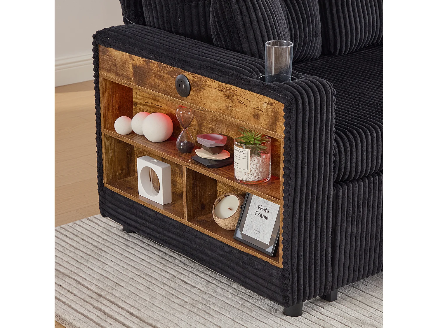 Canapé convertible, canapé 2 places avec LED, ports USB, pouf de rangement et tiroirs - velours côtelé noir