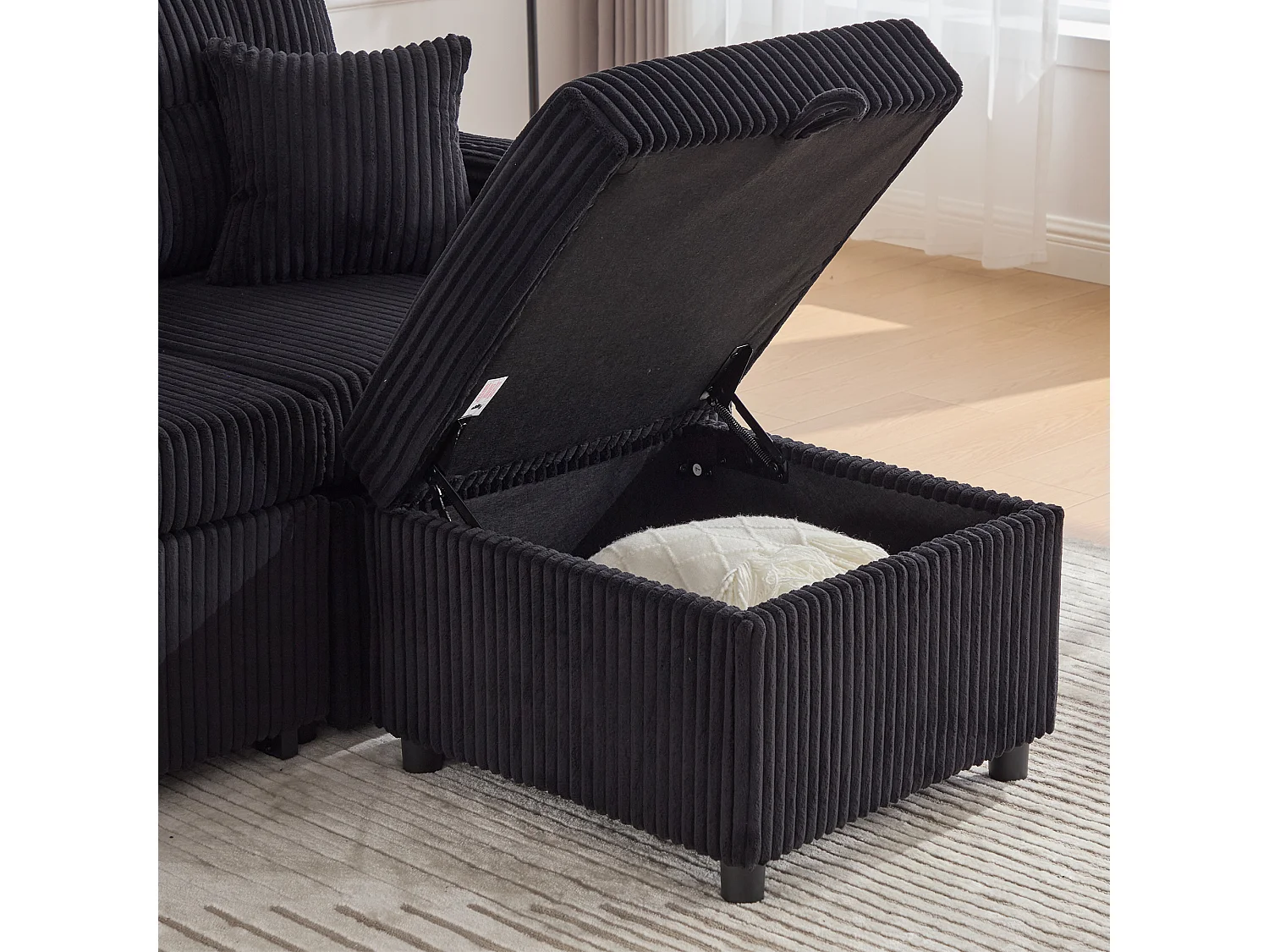 Canapé convertible, canapé 2 places avec LED, ports USB, pouf de rangement et tiroirs - velours côtelé noir