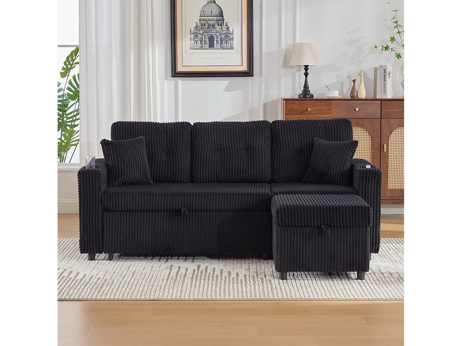 Schlafsofa, 2-Sitzer mit LED-Beleuchtung, USB-Anschlüssen, Stauraumhocker und Schubladen – schwarzer Cord