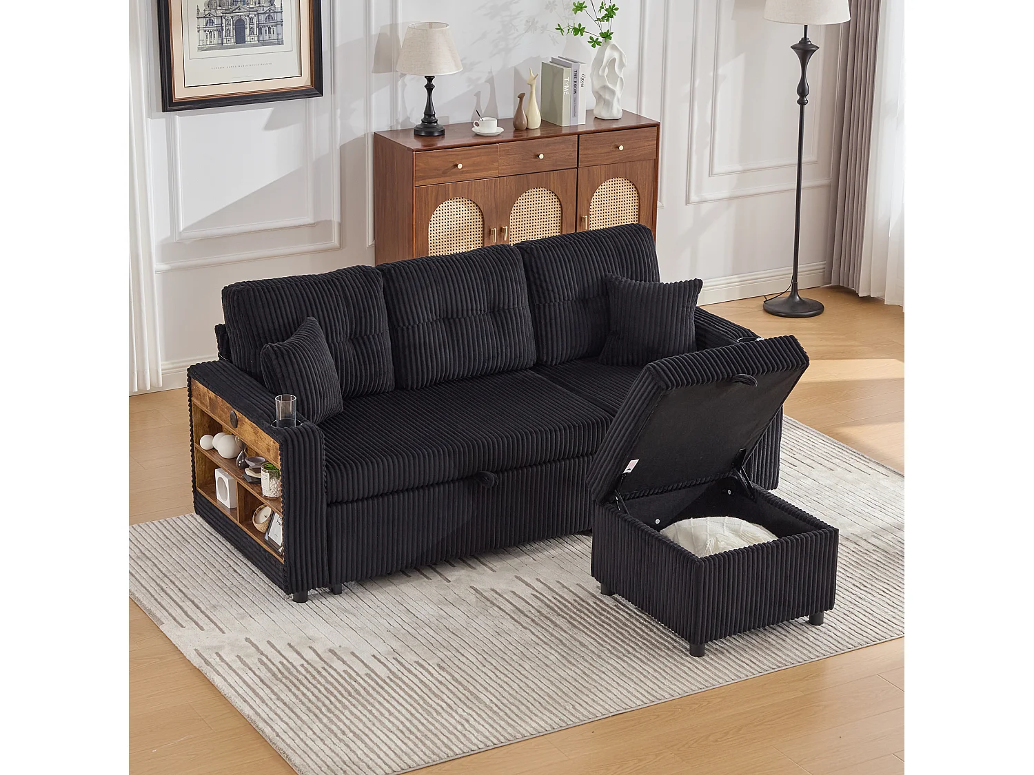 Schlafsofa, 2-Sitzer mit LED-Beleuchtung, USB-Anschlüssen, Stauraumhocker und Schubladen – schwarzer Cord