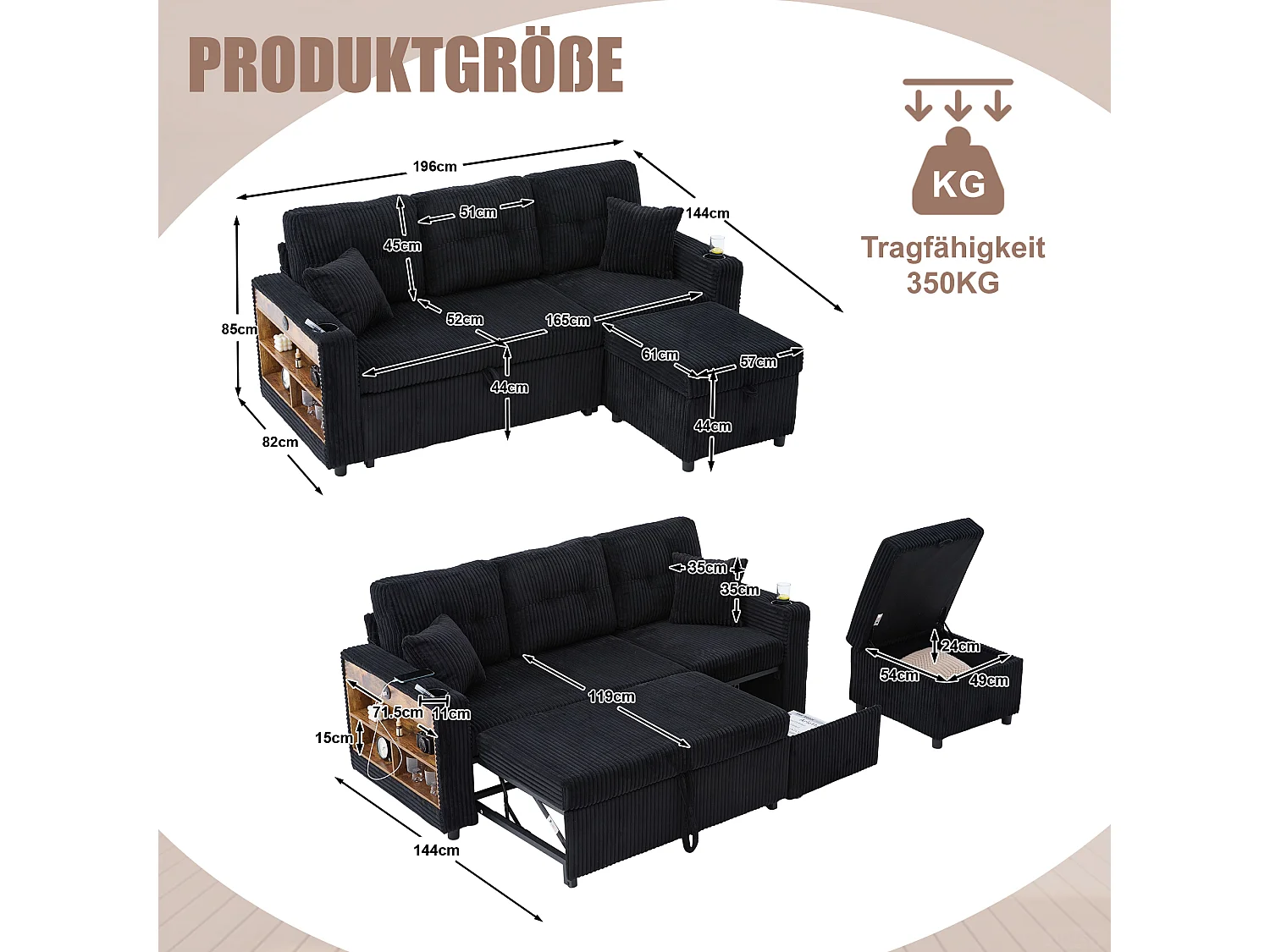 Schlafsofa, 2-Sitzer mit LED-Beleuchtung, USB-Anschlüssen, Stauraumhocker und Schubladen – schwarzer Cord