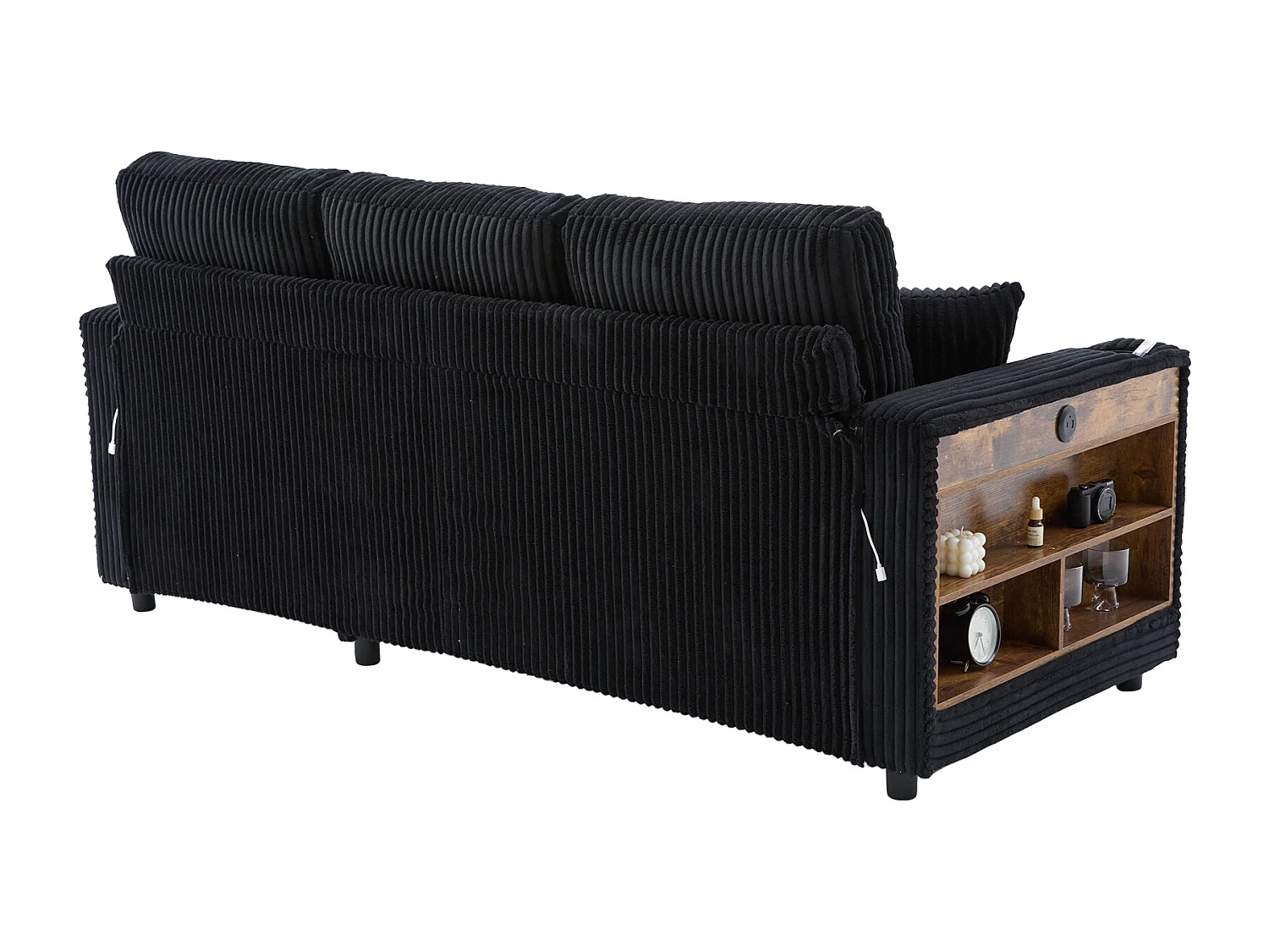 Schlafsofa, 2-Sitzer mit LED-Beleuchtung, USB-Anschlüssen, Stauraumhocker und Schubladen – schwarzer Cord