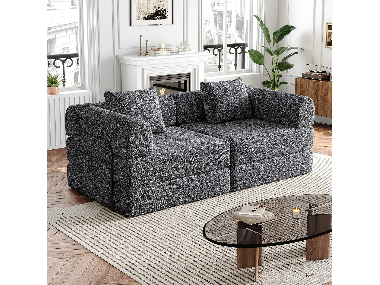 2-Sitzer-Sofa, Umwandelbares Sofa mit Armlehnen und Seitentaschen, Metallgestell – Grauer Chenille