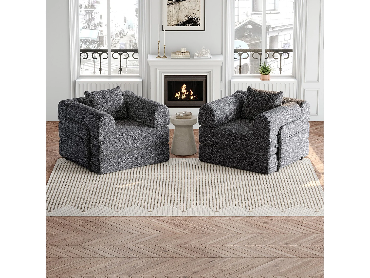 2-Sitzer-Sofa, Umwandelbares Sofa mit Armlehnen und Seitentaschen, Metallgestell – Grauer Chenille