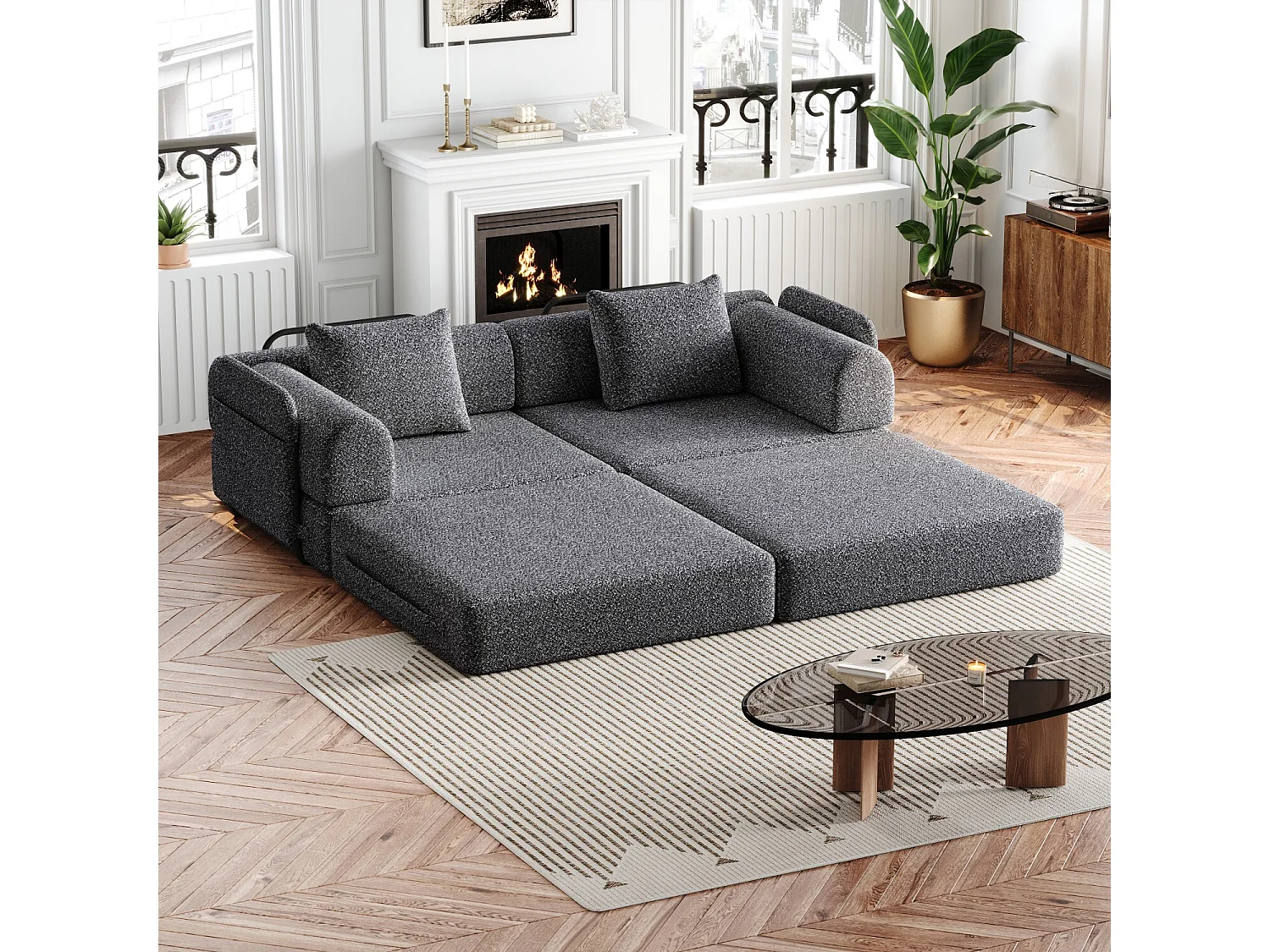 2-Sitzer-Sofa, Umwandelbares Sofa mit Armlehnen und Seitentaschen, Metallgestell – Grauer Chenille