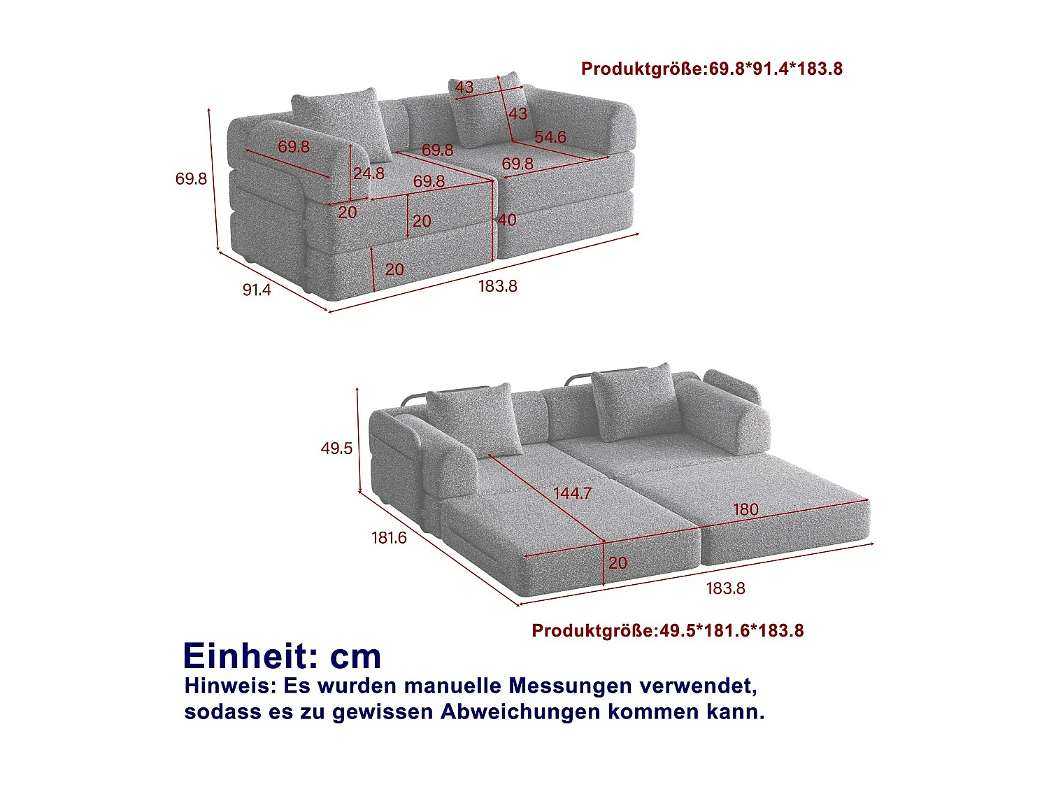 2-Sitzer-Sofa, Umwandelbares Sofa mit Armlehnen und Seitentaschen, Metallgestell – Grauer Chenille