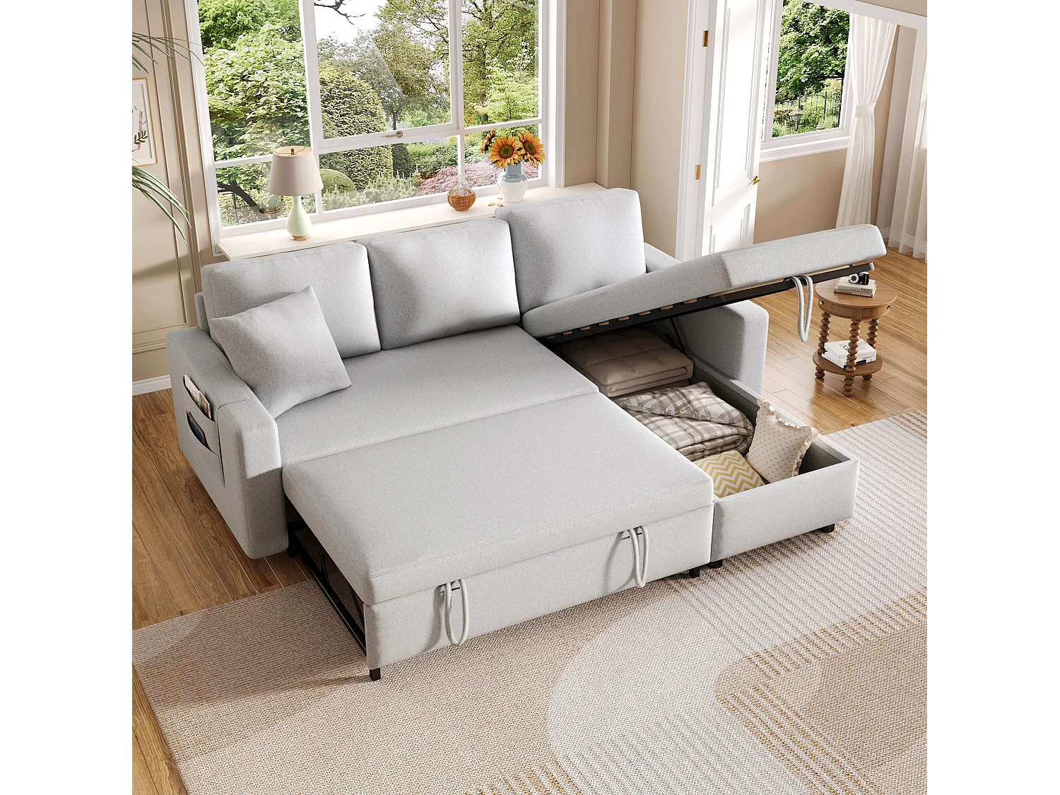 3-Sitzer-Sofa, schlafsofa mit Stauraum und Seitentaschen, Metallgestell – hellgraues Leinen