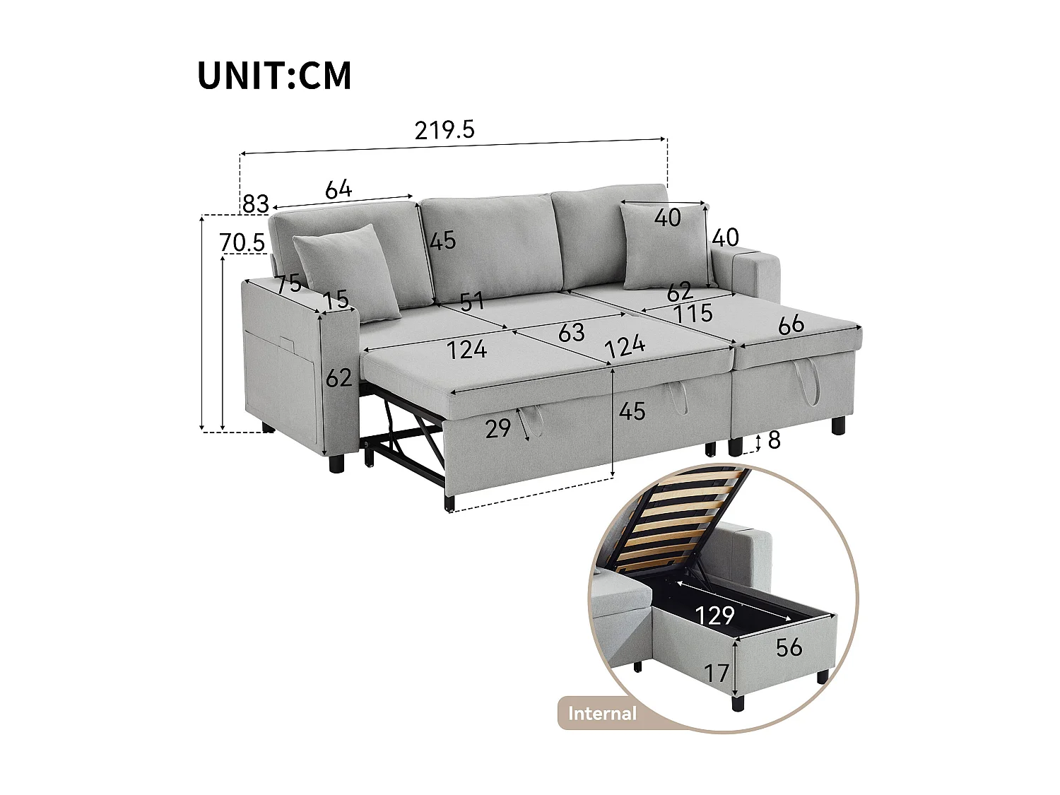 3-Sitzer-Sofa, schlafsofa mit Stauraum und Seitentaschen, Metallgestell – hellgraues Leinen
