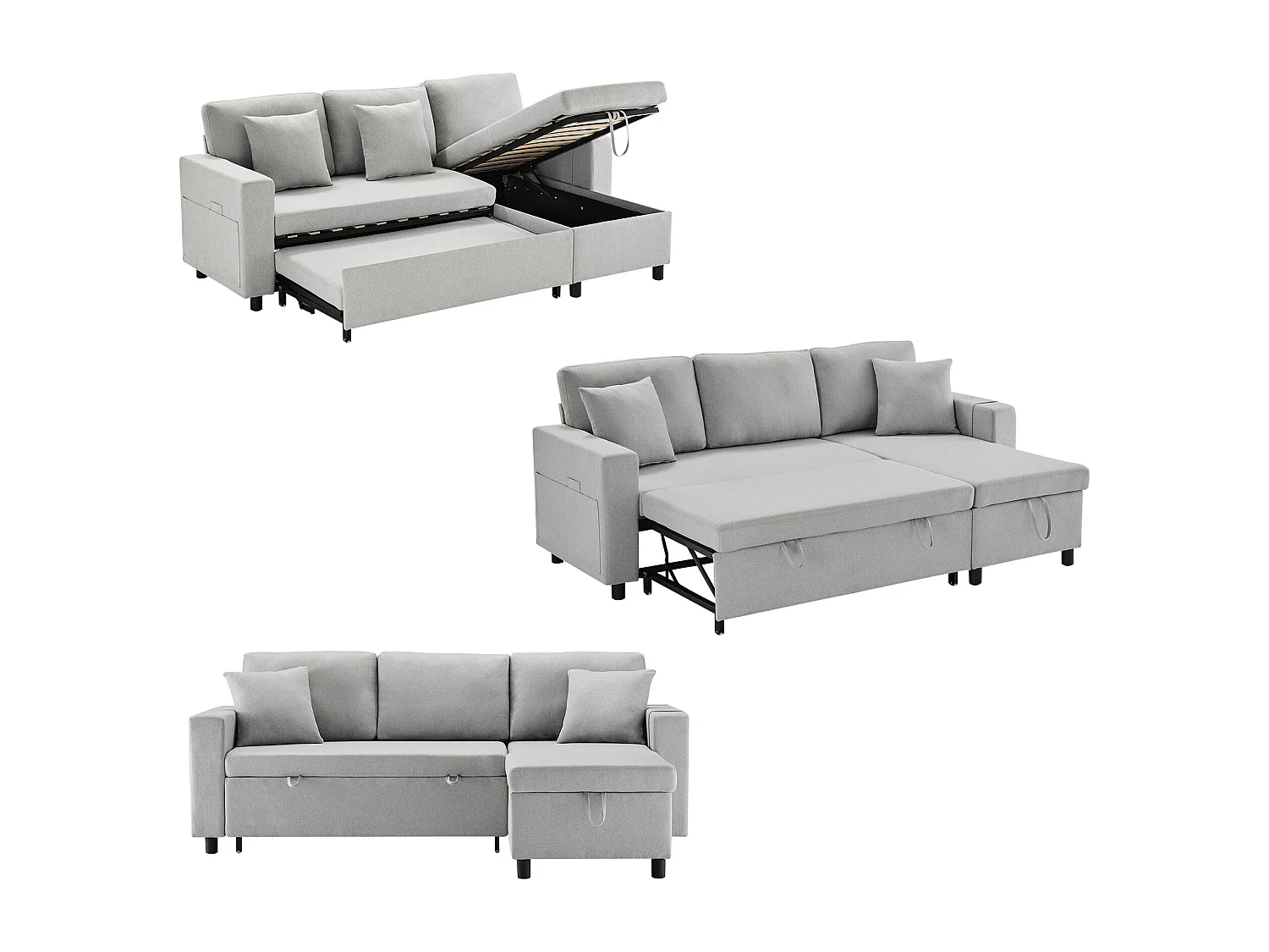 3-Sitzer-Sofa, schlafsofa mit Stauraum und Seitentaschen, Metallgestell – hellgraues Leinen