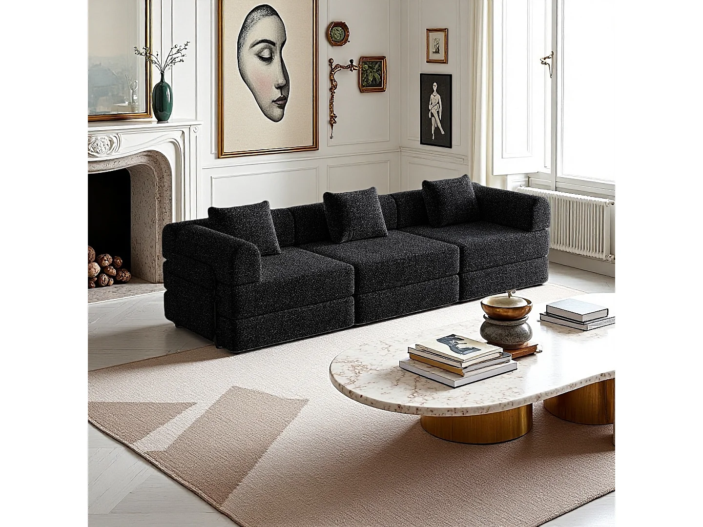 Canapé 3 places, Canapé convertible avec accoudoirs et poches latérales, structure en métal - Chenille noire