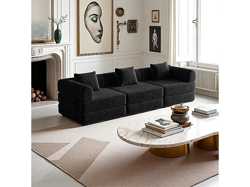 3-zitsbank, Omvormbare bank met armleuningen en zijzakken, metalen frame - Zwarte chenille