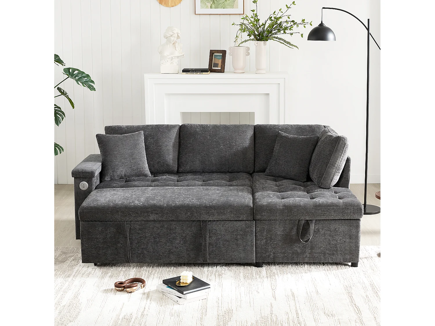 Canapé 3 places, Canapé convertible avec prises USB et rangement, dossier rembourré - Chenille gris foncé