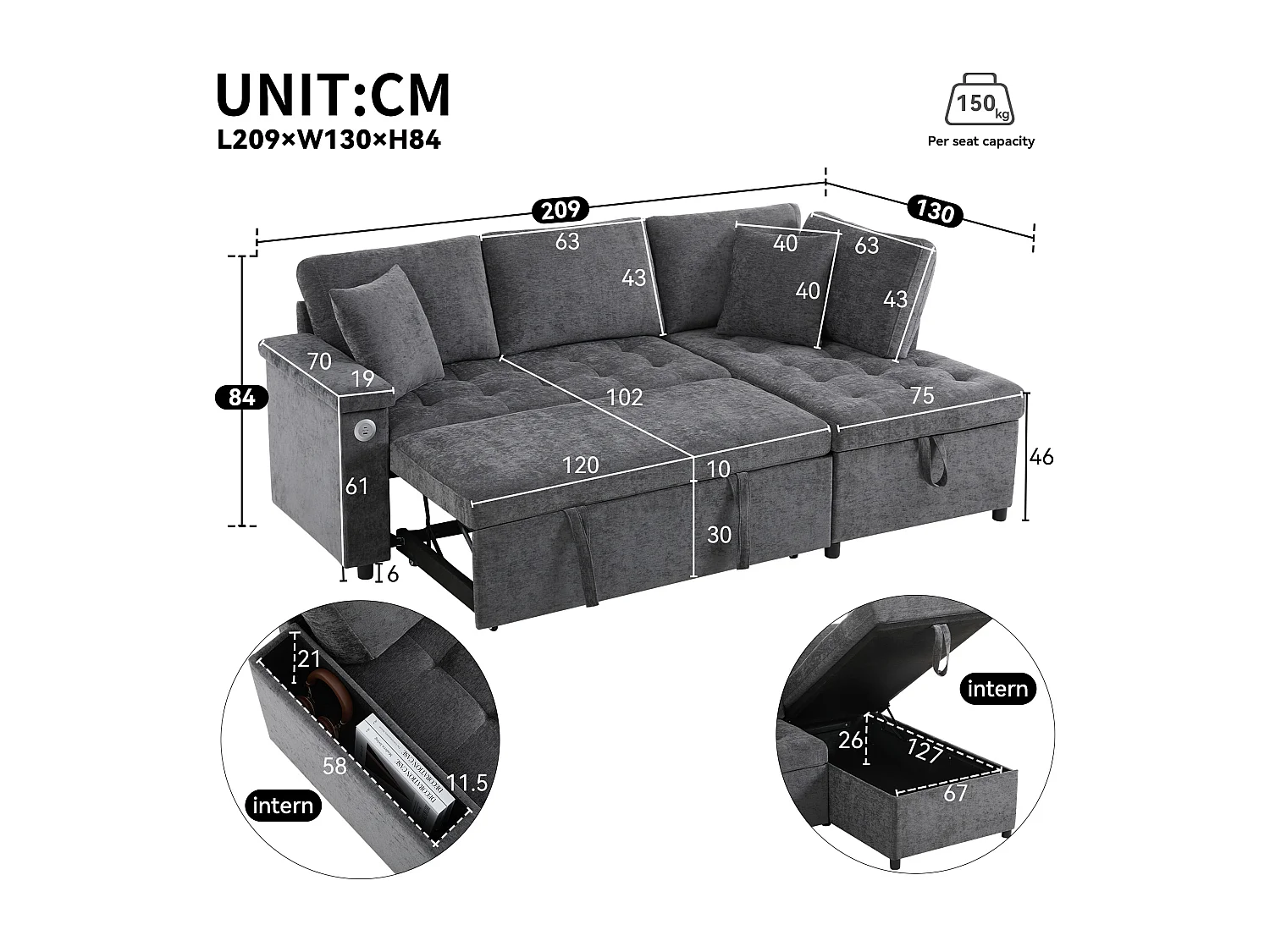 Canapé 3 places, Canapé convertible avec prises USB et rangement, dossier rembourré - Chenille gris foncé