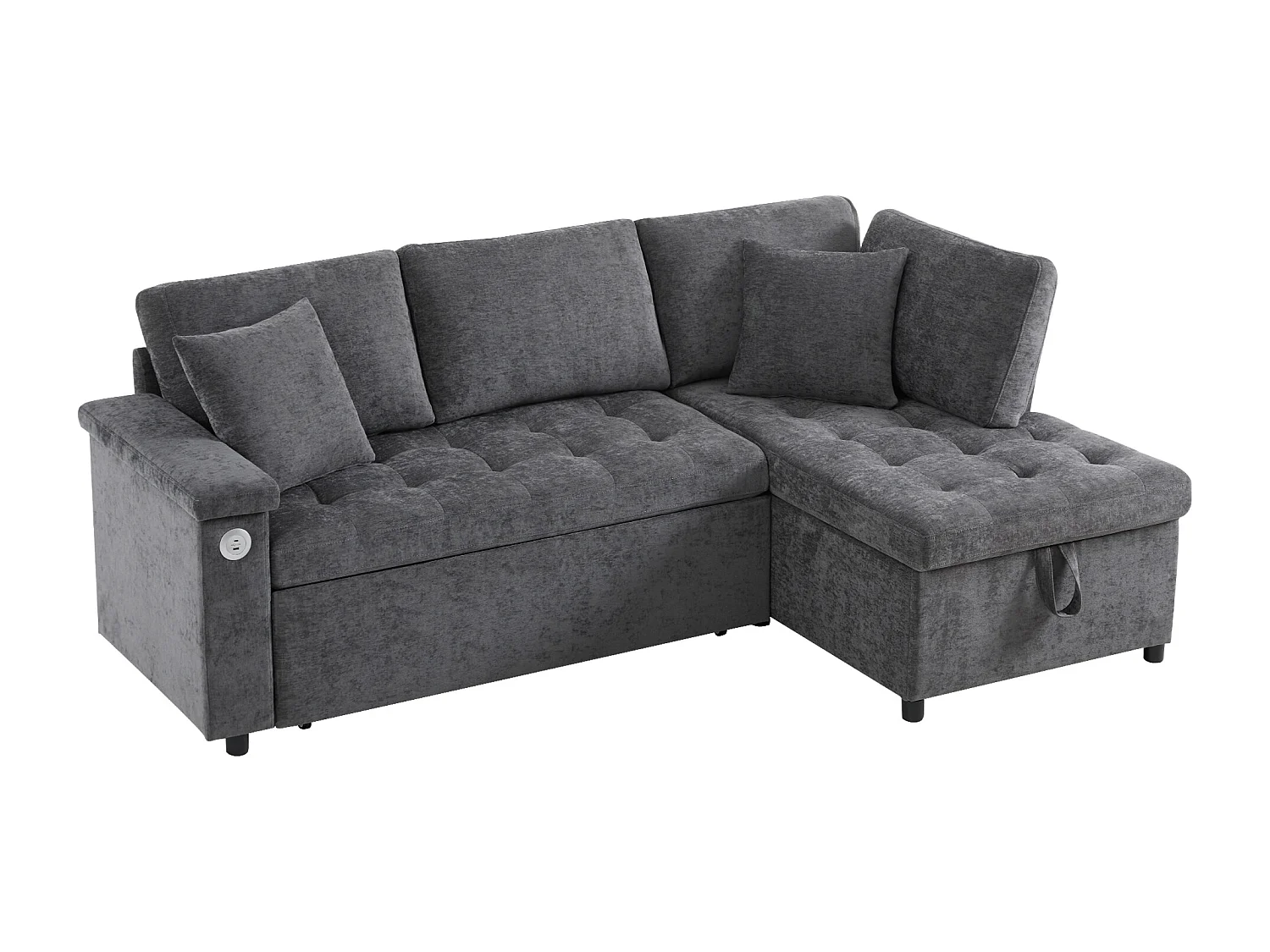 Canapé 3 places, Canapé convertible avec prises USB et rangement, dossier rembourré - Chenille gris foncé