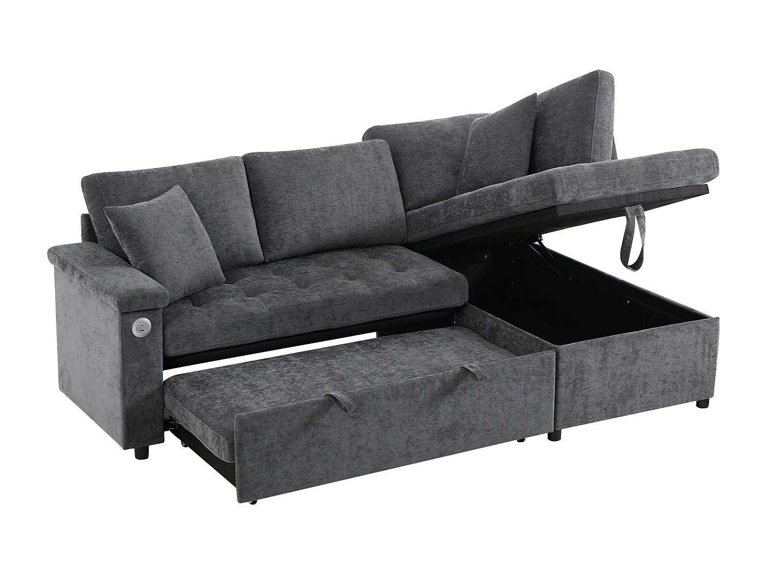 Canapé 3 places, Canapé convertible avec prises USB et rangement, dossier rembourré - Chenille gris foncé