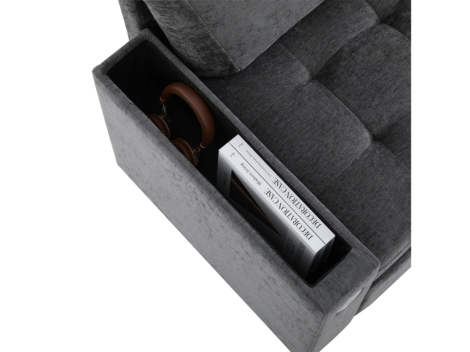 Canapé 3 places, Canapé convertible avec prises USB et rangement, dossier rembourré - Chenille gris foncé