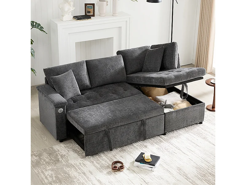 Canapé 3 places, Canapé convertible avec prises USB et rangement, dossier rembourré - Chenille gris foncé