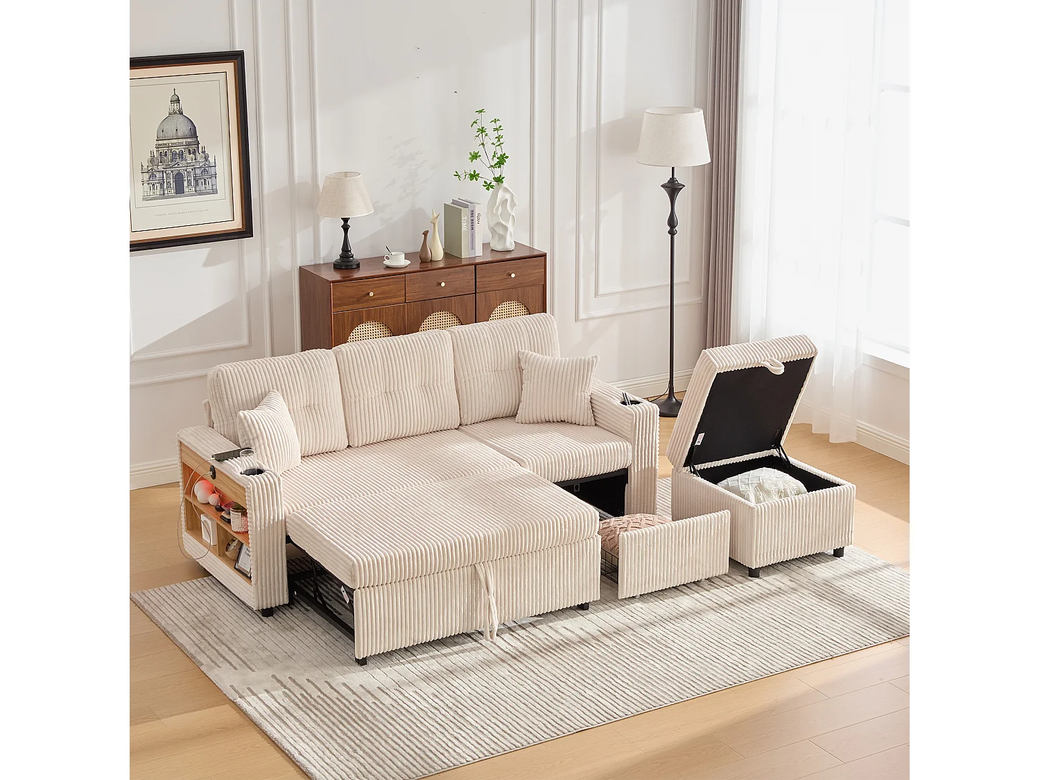 Divano trasformabile, divano a 2 posti con luci a LED, porte USB, pouf contenitore e cassetti - velluto a coste beige