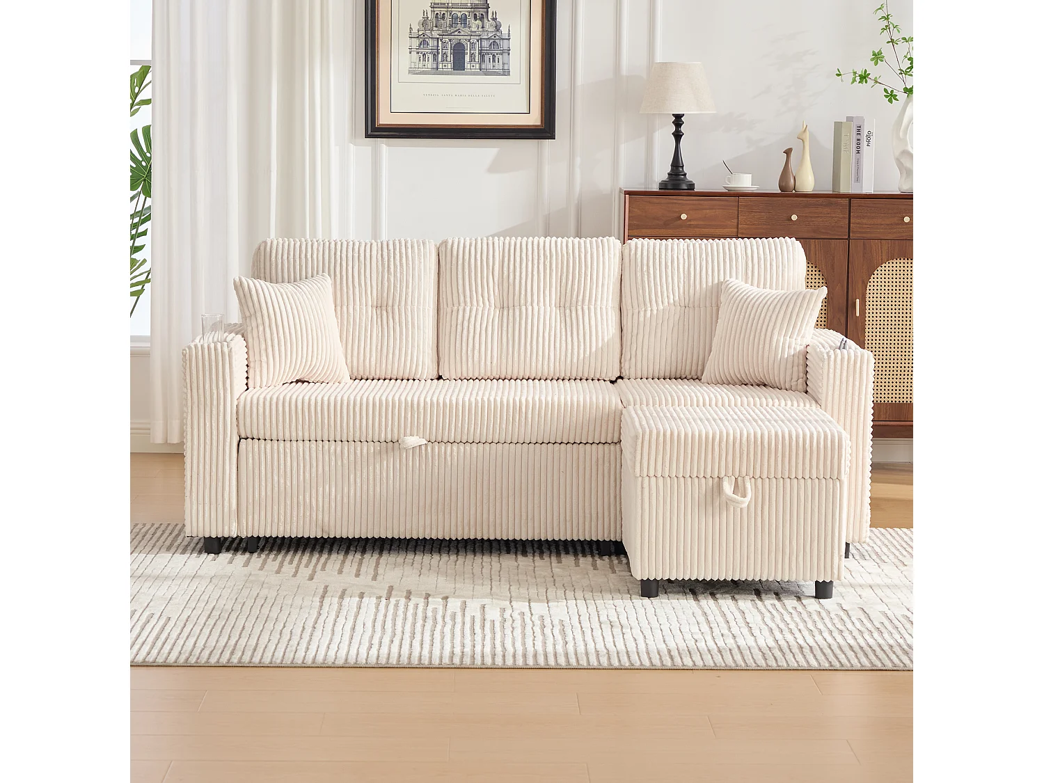 Divano trasformabile, divano a 2 posti con luci a LED, porte USB, pouf contenitore e cassetti - velluto a coste beige