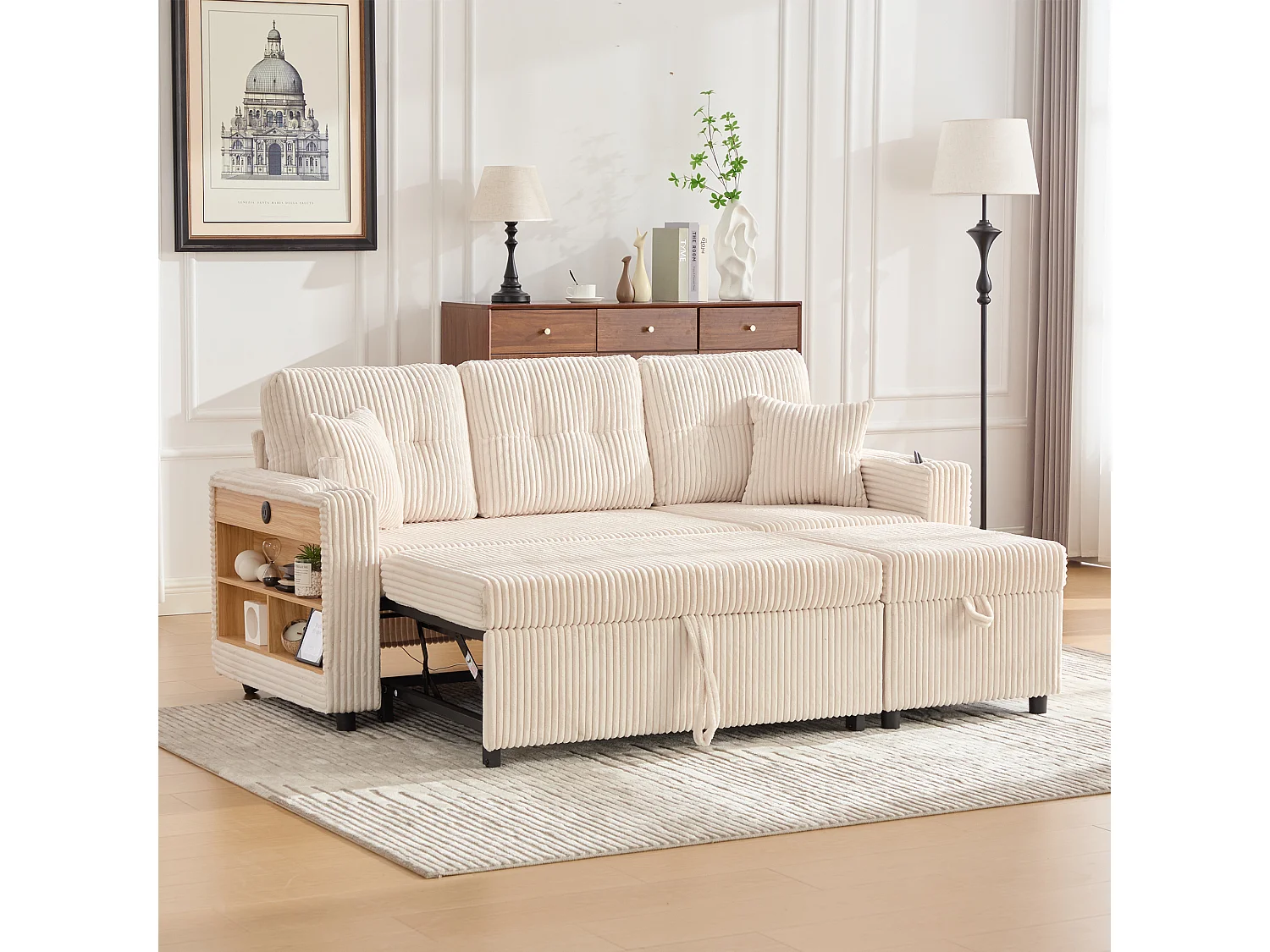 Divano trasformabile, divano a 2 posti con luci a LED, porte USB, pouf contenitore e cassetti - velluto a coste beige