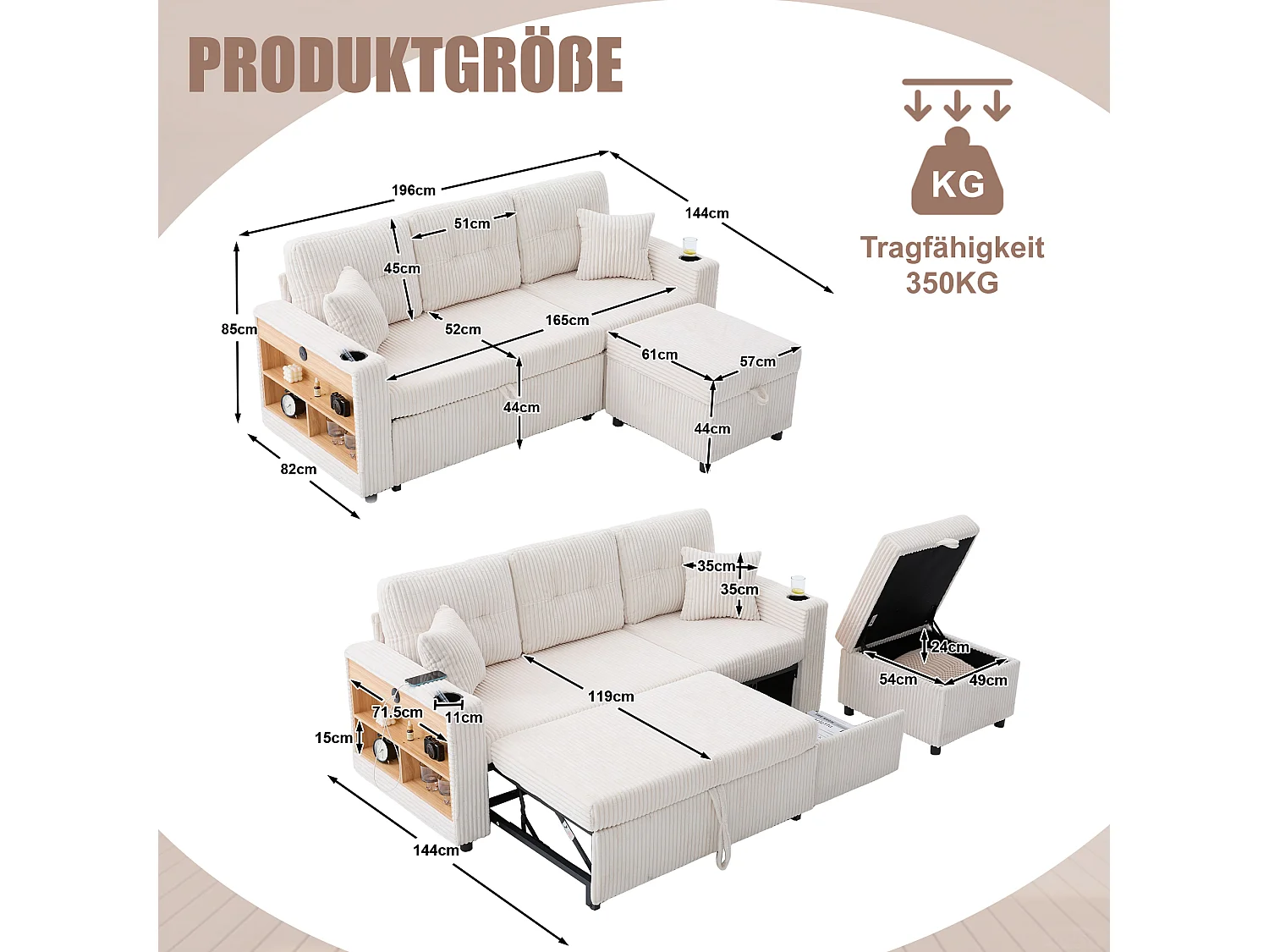 Divano trasformabile, divano a 2 posti con luci a LED, porte USB, pouf contenitore e cassetti - velluto a coste beige