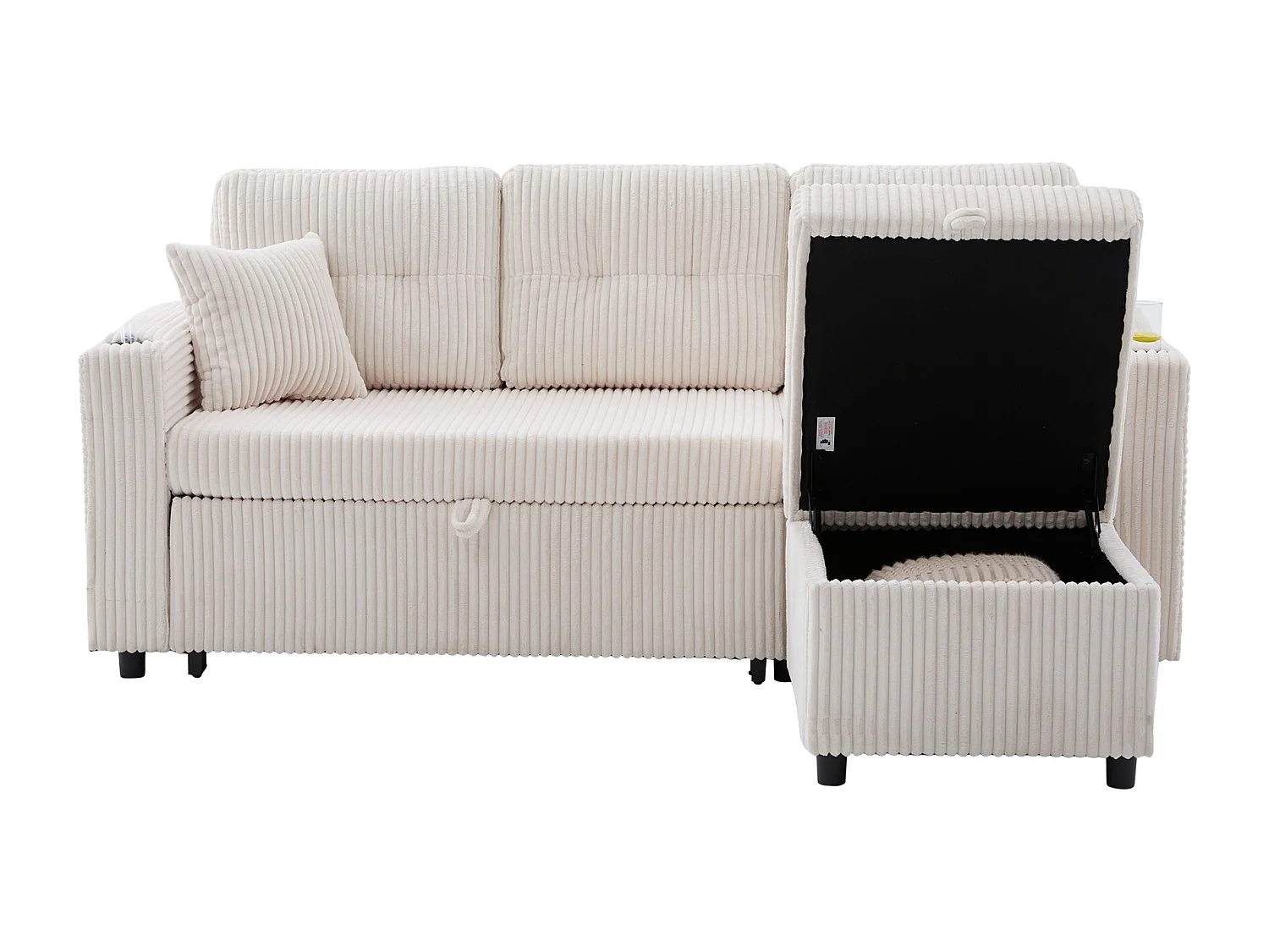 Divano trasformabile, divano a 2 posti con luci a LED, porte USB, pouf contenitore e cassetti - velluto a coste beige