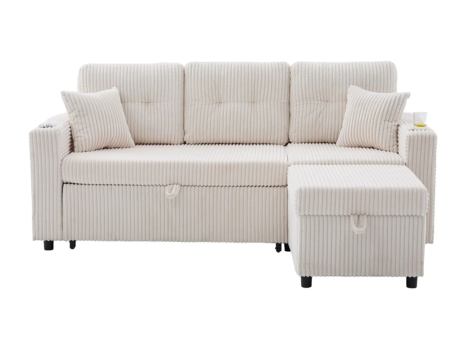 Sofa rozkładana, 2-osobowa z oświetleniem LED, portami USB, pufem ze schowkiem i szufladami – beżowy sztruks