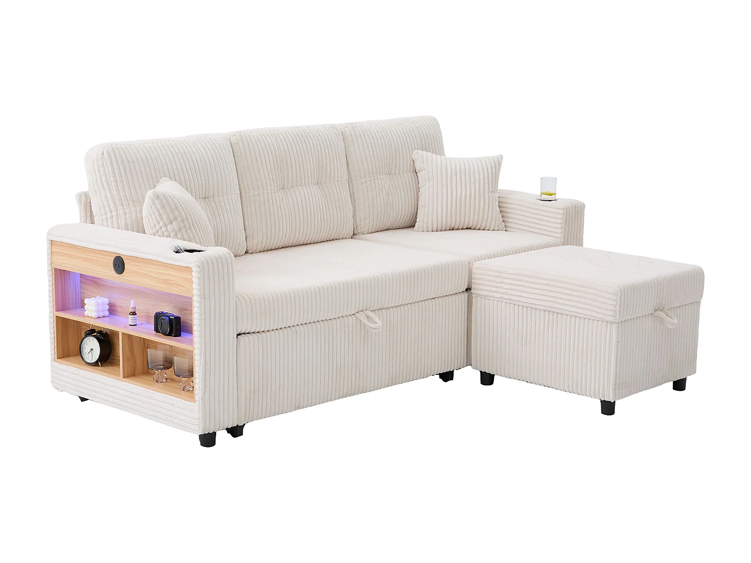Sofa rozkładana, 2-osobowa z oświetleniem LED, portami USB, pufem ze schowkiem i szufladami – beżowy sztruks