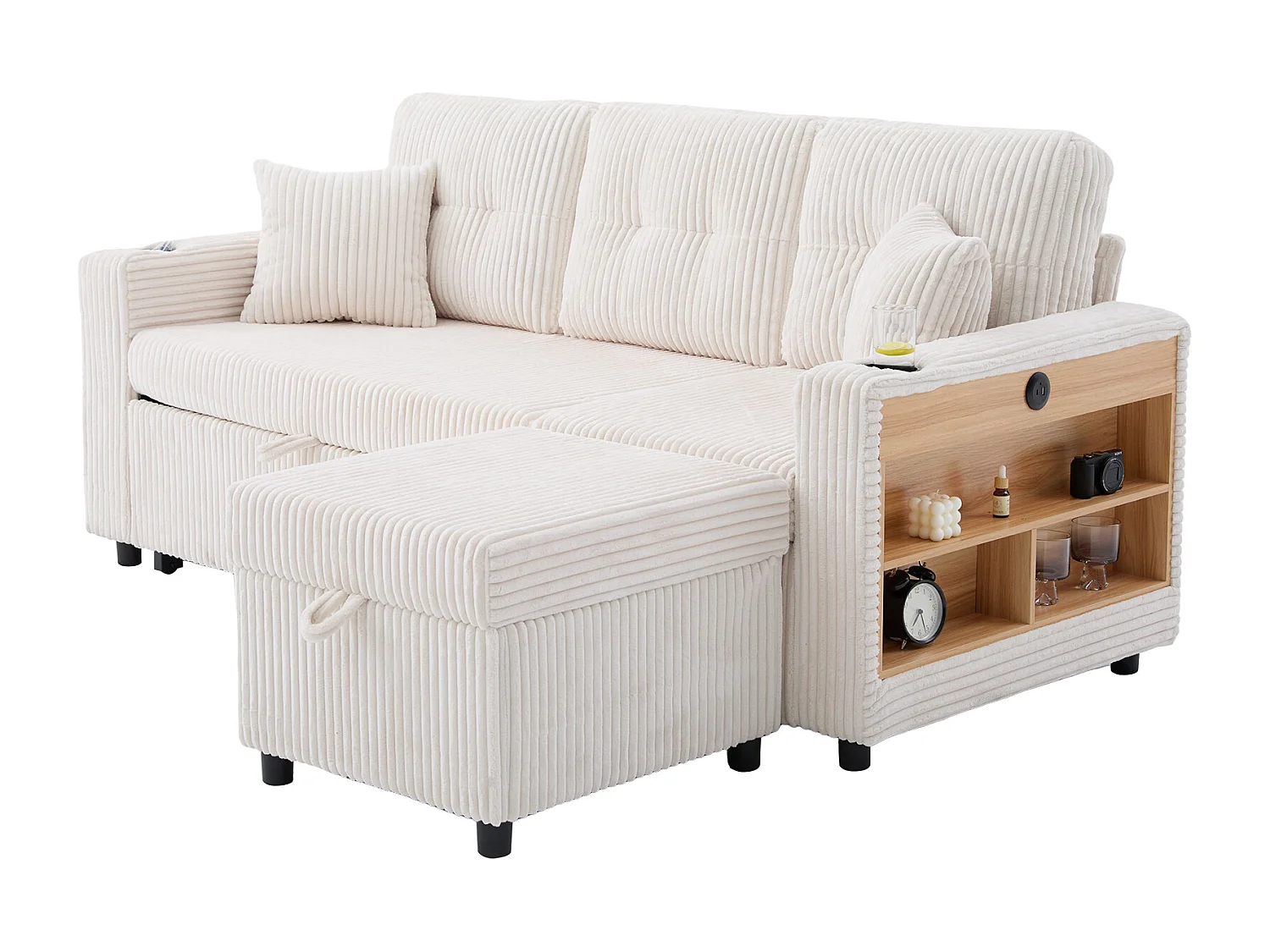 Sofa rozkładana, 2-osobowa z oświetleniem LED, portami USB, pufem ze schowkiem i szufladami – beżowy sztruks