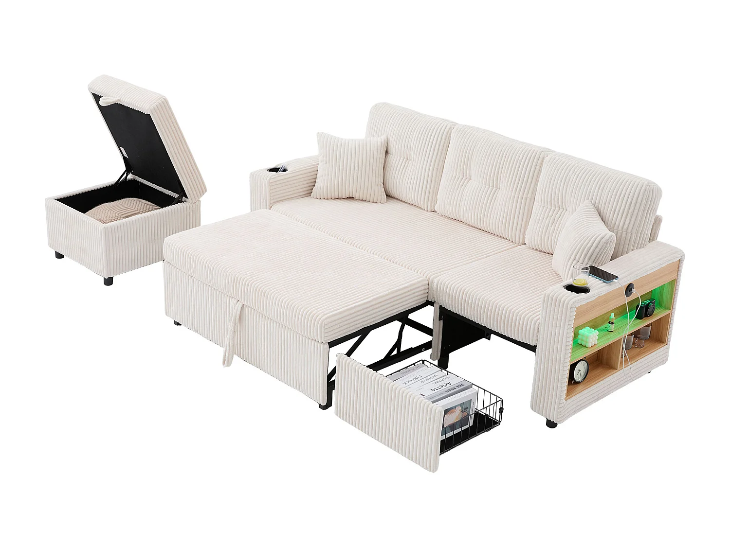 Sofa rozkładana, 2-osobowa z oświetleniem LED, portami USB, pufem ze schowkiem i szufladami – beżowy sztruks