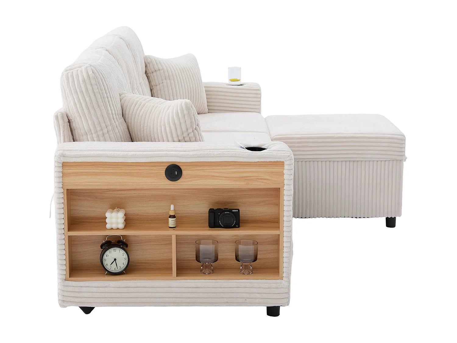 Sofa rozkładana, 2-osobowa z oświetleniem LED, portami USB, pufem ze schowkiem i szufladami – beżowy sztruks