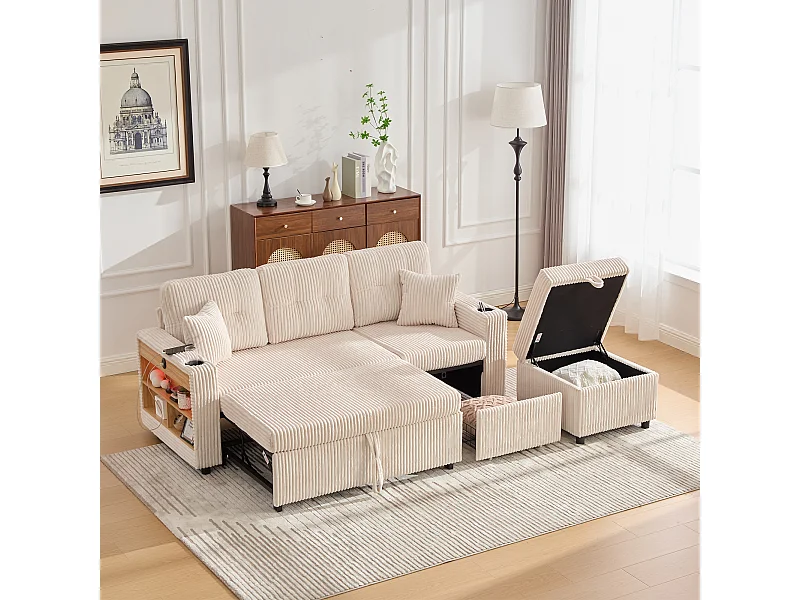 Sofa rozkładana, 2-osobowa z oświetleniem LED, portami USB, pufem ze schowkiem i szufladami – beżowy sztruks